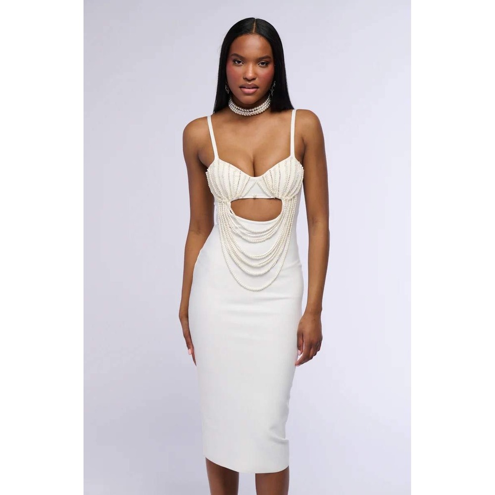 Akira Harriet Draped‎ Pearl Bodycon Midi Dress Rhinestone Bridal Bachelorette